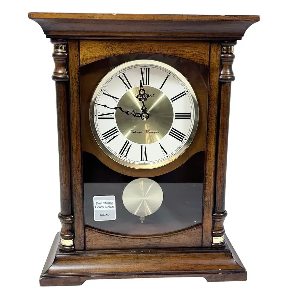 Seiko Baron Brown Wood Gold Mantel Pendulum Clock Dual Chimes QXQ034B New